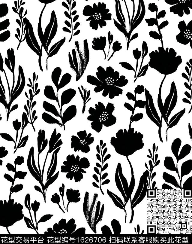 花卉黑白华亿平台剪影数码印花华亿平台下载（图片编号: 1626706） - 瓦栏（Walan）