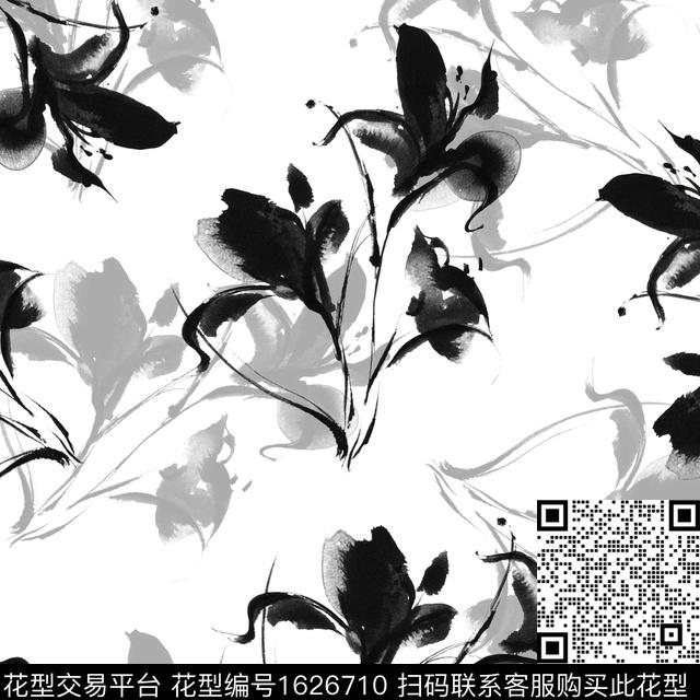 花卉黑白花卉水墨风数码印花华亿平台下载（图片编号: 1626710） - 瓦栏（Walan）