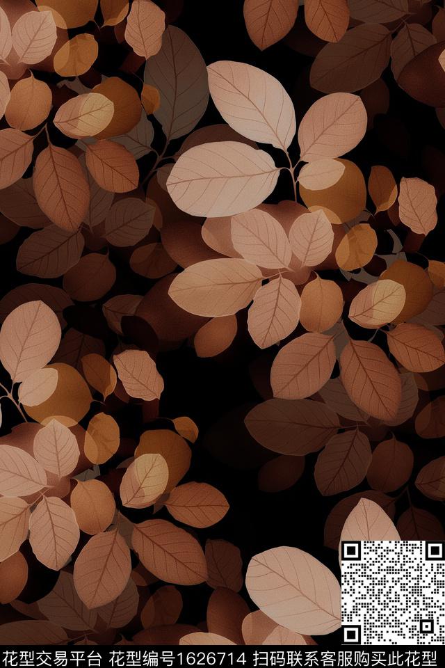 秋冬绿植树叶影花数码印花华亿平台下载（图片编号: 1626714） - 瓦栏（Walan）