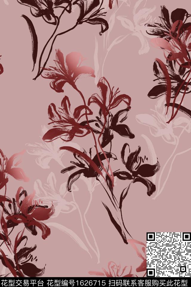 花卉笔触剪影数码印花华亿平台下载（图片编号: 1626715） - 瓦栏（Walan）