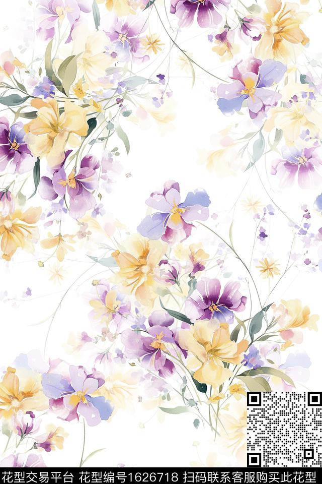 小清新白底花花卉数码印花华亿平台下载（图片编号: 1626718） - 瓦栏（Walan）