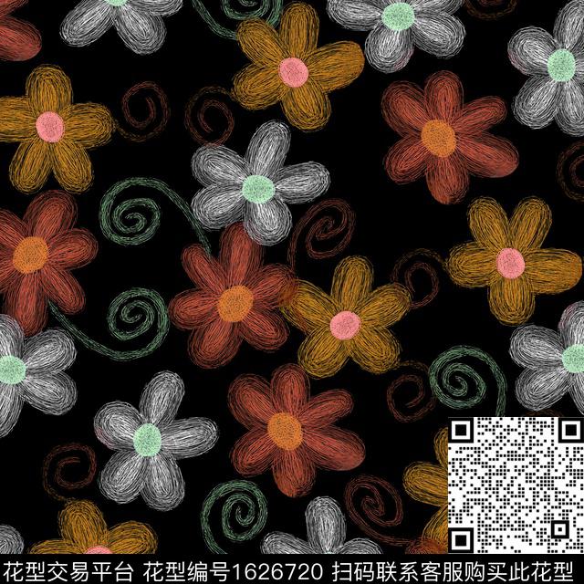 花卉黑底花卉线条花卉数码印花华亿平台下载（图片编号: 1626720） - 瓦栏（Walan）