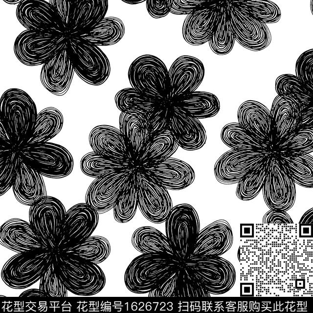 花卉黑白花卉线条花卉数码印花华亿平台下载（图片编号: 1626723） - 瓦栏（Walan）