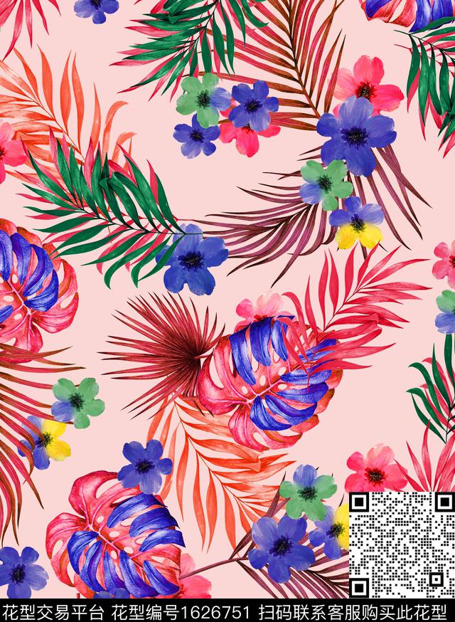 水彩热带花卉数码印花华亿平台下载（图片编号: 1626751） - 瓦栏（Walan）