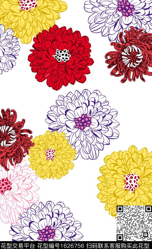 菊花白底花大花传统印花华亿平台下载（图片编号: 1626756） - 瓦栏（Walan）