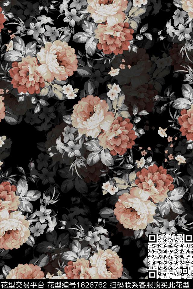 黑底花卉影花花卉数码印花华亿平台下载（图片编号: 1626762） - 瓦栏（Walan）