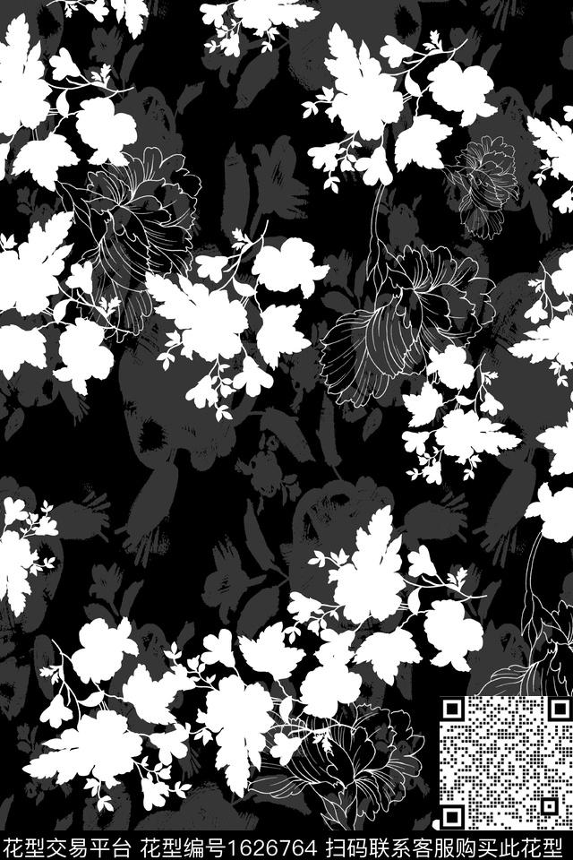 黑底花卉黑白华亿平台剪影数码印花华亿平台下载（图片编号: 1626764） - 瓦栏（Walan）