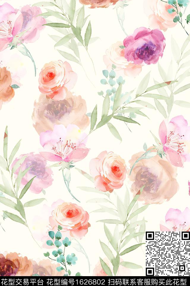 花卉水彩花卉影花数码印花华亿平台下载（图片编号: 1626802） - 瓦栏（Walan）