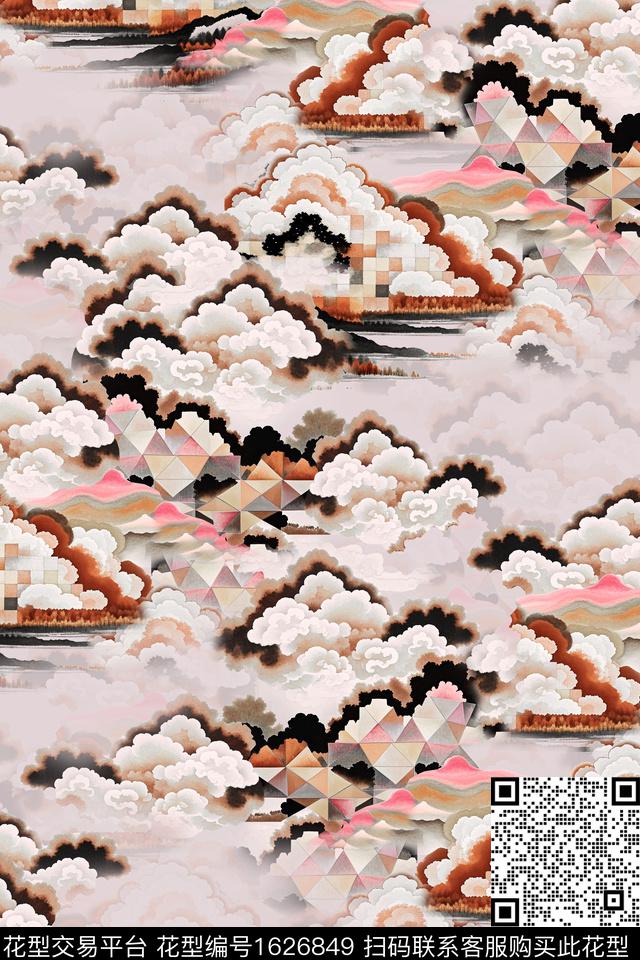 中国风祥云旗袍数码印花华亿平台下载（图片编号: 1626849） - 瓦栏（Walan）