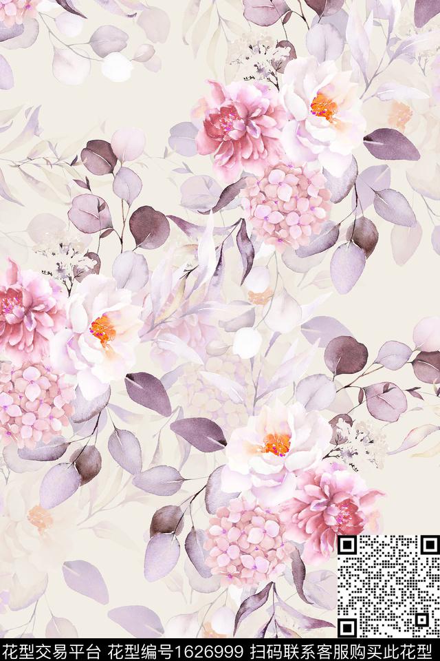 大花水彩花卉影花数码印花华亿平台下载（图片编号: 1626999） - 瓦栏（Walan）