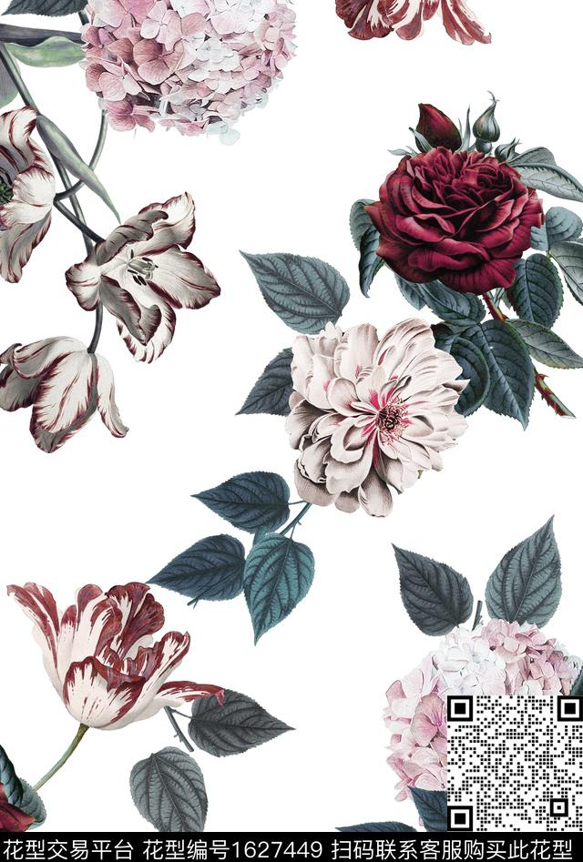 绣球花复古郁金香数码印花华亿平台下载（图片编号: 1627449） - 瓦栏（Walan）