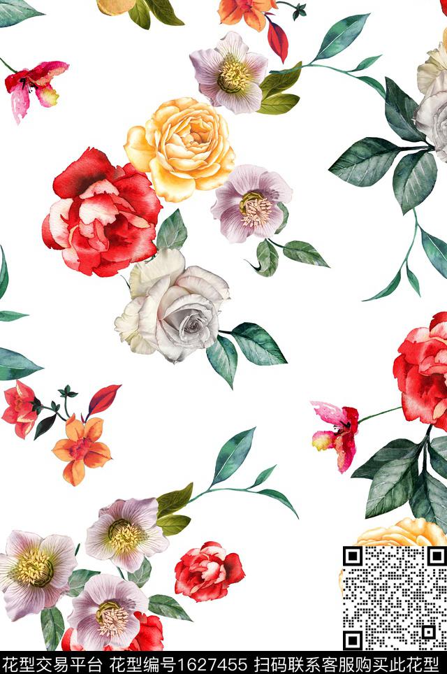 花卉水彩花卉白底花数码印花华亿平台下载（图片编号: 1627455） - 瓦栏（Walan）