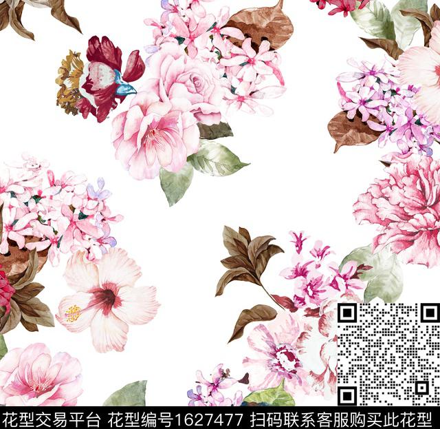 水彩花卉花卉白底花数码印花华亿平台下载（图片编号: 1627477） - 瓦栏（Walan）