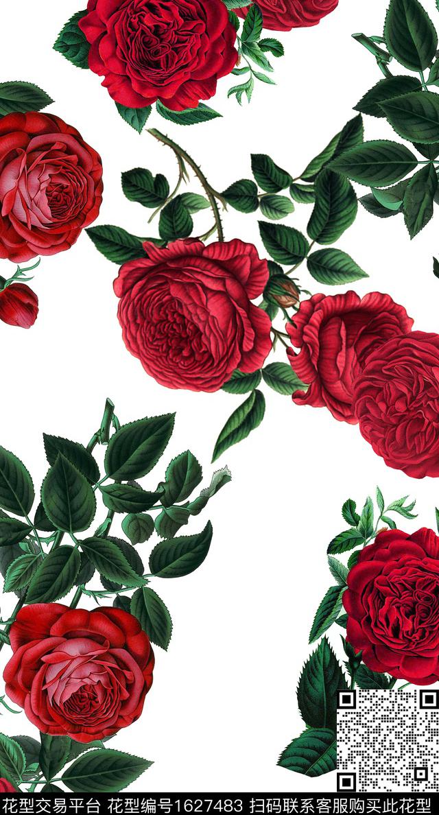花卉大花白底花数码印花华亿平台下载（图片编号: 1627483） - 瓦栏（Walan）