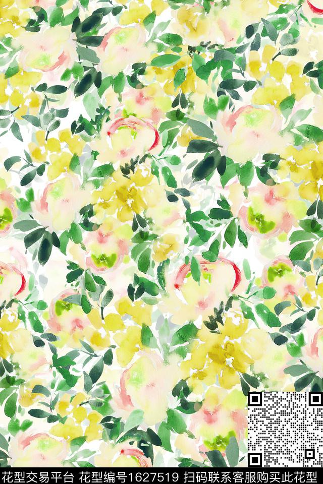 花卉水彩花卉满版散花数码印花华亿平台下载（图片编号: 1627519） - 瓦栏（Walan）