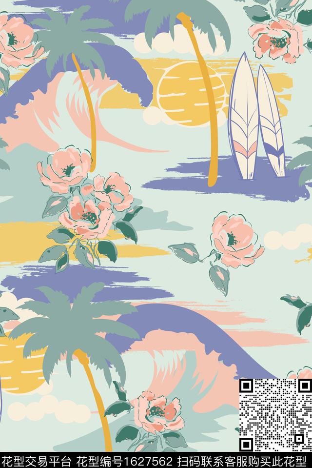 花卉帆板棕榈树数码印花华亿平台下载（图片编号: 1627562） - 瓦栏（Walan）