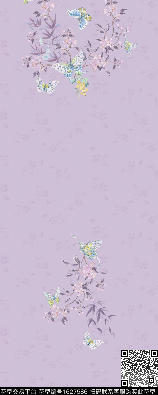 中国风定位花蝴蝶数码印花华亿平台下载（图片编号: 1627586） - 瓦栏（Walan）