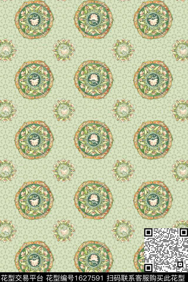 中国风定位花绿色数码印花华亿平台下载（图片编号: 1627591） - 瓦栏（Walan）