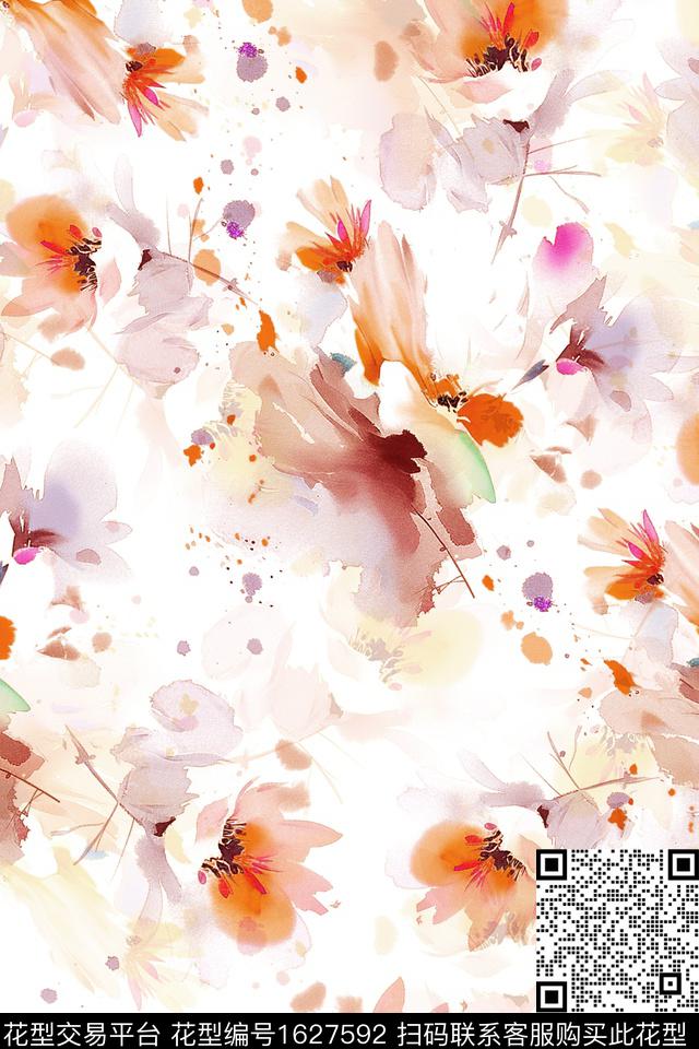 花卉水彩花卉抽象花卉数码印花华亿平台下载（图片编号: 1627592） - 瓦栏（Walan）