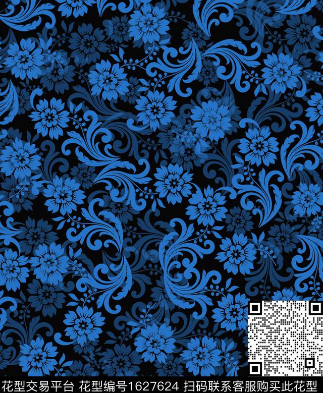 花卉剪影卷草传统印花华亿平台下载（图片编号: 1627624） - 瓦栏（Walan）