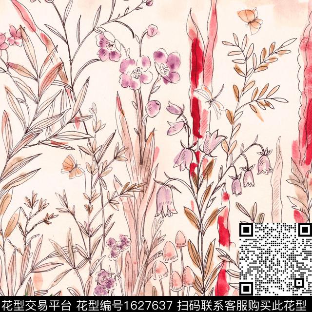 手绘方巾手绘花卉数码印花华亿平台下载（图片编号: 1627637） - 瓦栏（Walan）