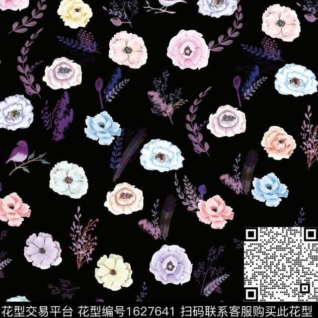 黑底花卉鸟水彩花卉数码印花华亿平台下载（图片编号: 1627641） - 瓦栏（Walan）