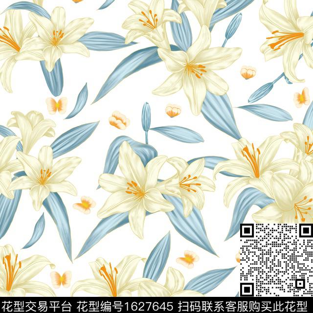 白底花百合花卉数码印花华亿平台下载（图片编号: 1627645） - 瓦栏（Walan）