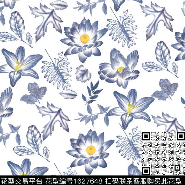 白底花男装满版花花卉数码印花华亿平台下载（图片编号: 1627648） - 瓦栏（Walan）