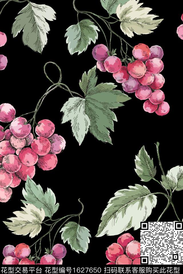 葡萄水果黑底数码印花华亿平台下载（图片编号: 1627650） - 瓦栏（Walan）