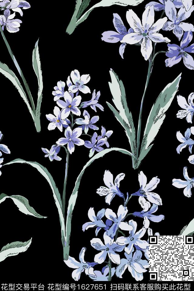 黑底花卉手绘花卉花卉数码印花华亿平台下载（图片编号: 1627651） - 瓦栏（Walan）