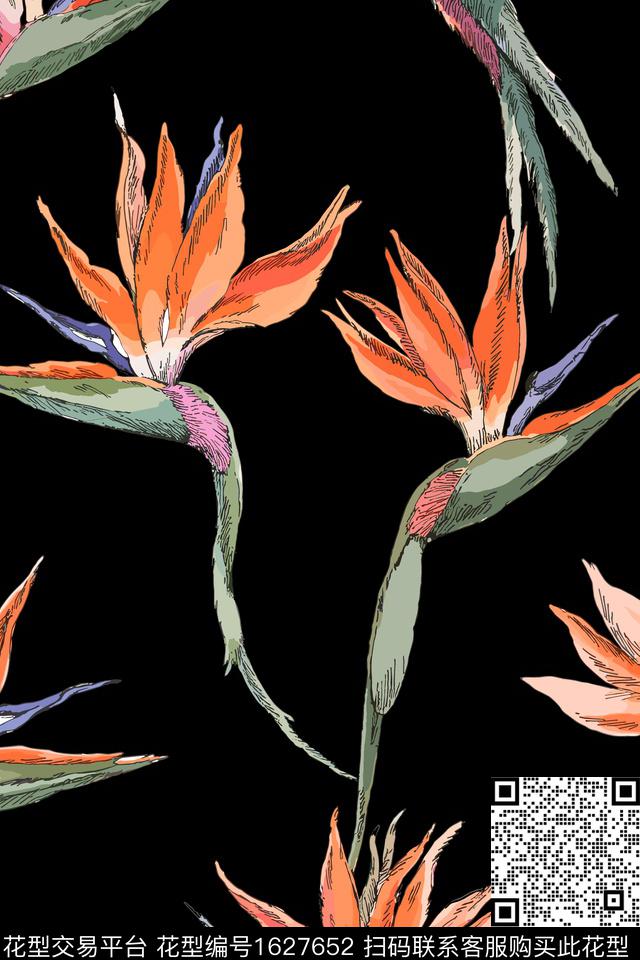 大花黑底花卉手绘大花数码印花华亿平台下载（图片编号: 1627652） - 瓦栏（Walan）