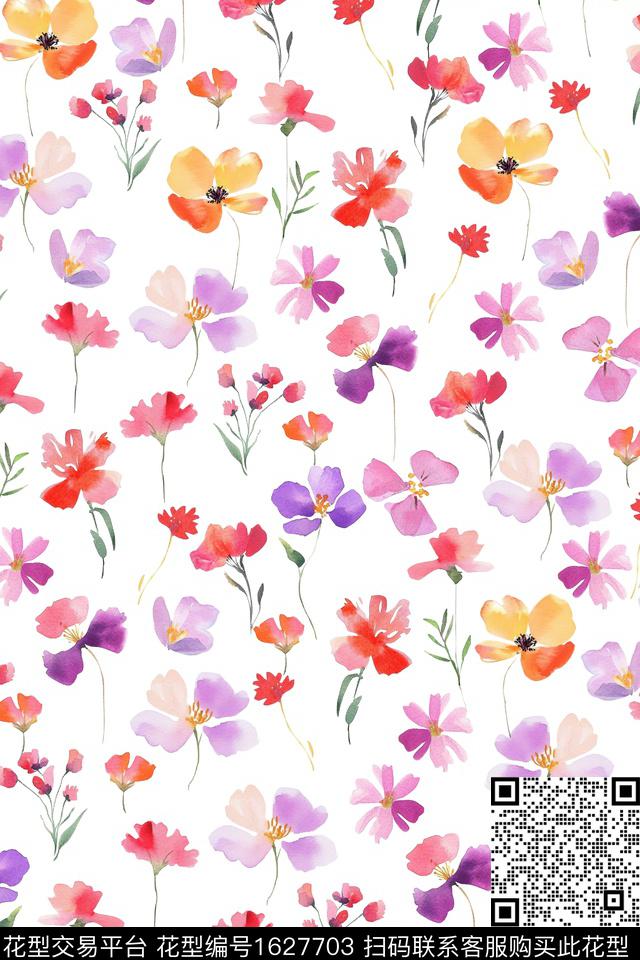 花卉水彩花卉白底花数码印花华亿平台下载（图片编号: 1627703） - 瓦栏（Walan）
