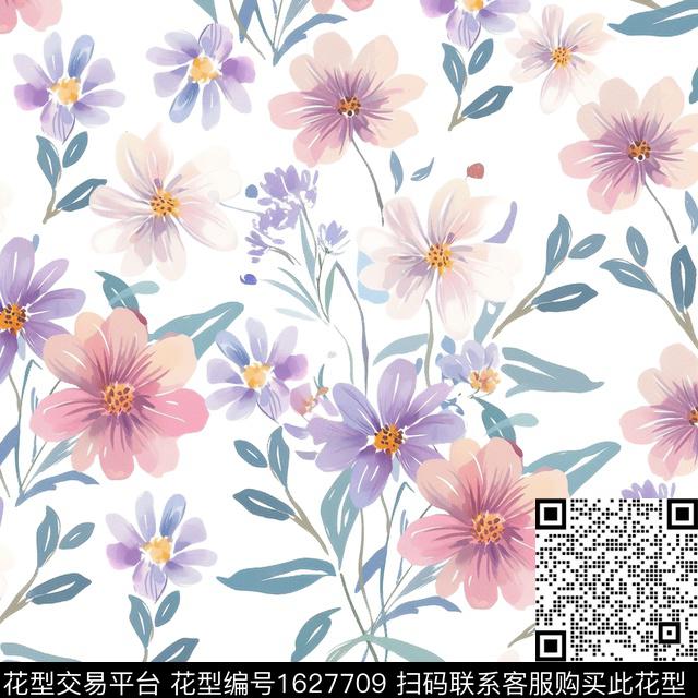 水彩花卉花卉白底花数码印花华亿平台下载（图片编号: 1627709） - 瓦栏（Walan）