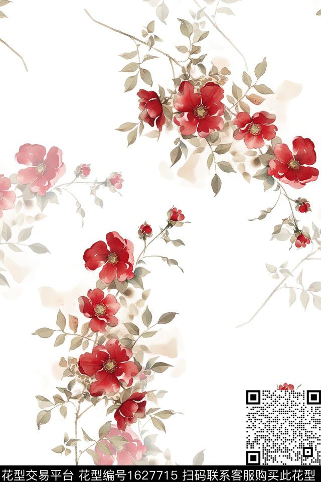 花卉水彩花卉白底花数码印花华亿平台下载（图片编号: 1627715） - 瓦栏（Walan）