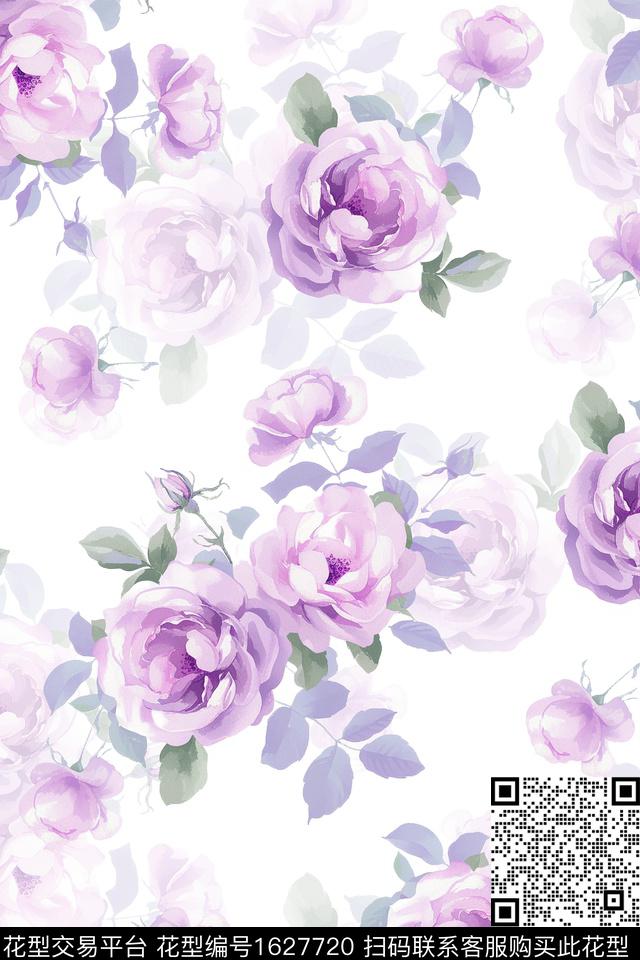 花卉水彩花卉白底花数码印花华亿平台下载（图片编号: 1627720） - 瓦栏（Walan）