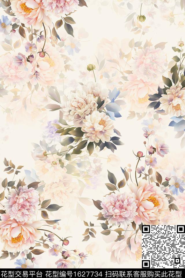 真丝花卉影花数码印花华亿平台下载（图片编号: 1627734） - 瓦栏（Walan）