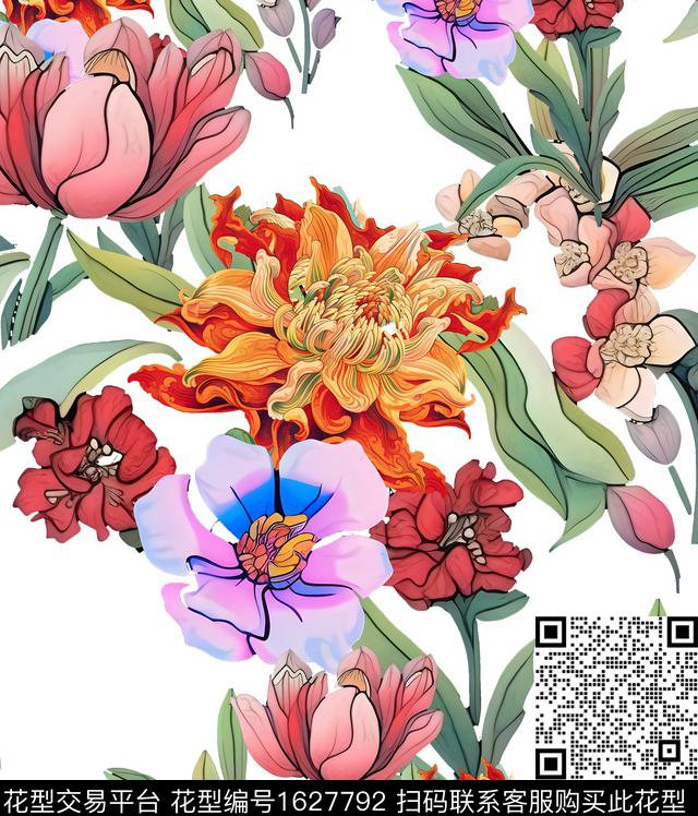 大花线条花卉数码印花华亿平台下载（图片编号: 1627792） - 瓦栏（Walan）