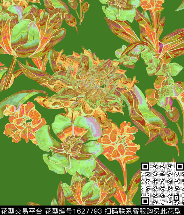 大花线条花卉数码印花华亿平台下载（图片编号: 1627793） - 瓦栏（Walan）