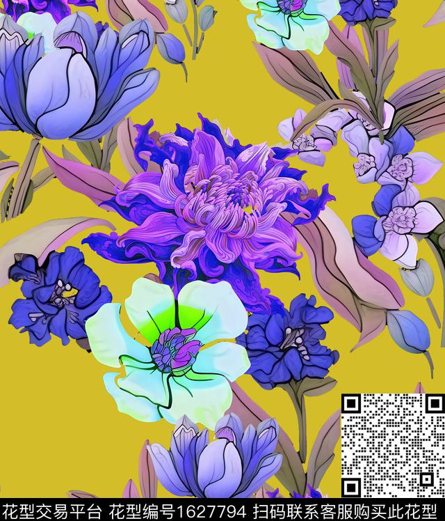 花卉大花抽象花卉数码印花华亿平台下载（图片编号: 1627794） - 瓦栏（Walan）