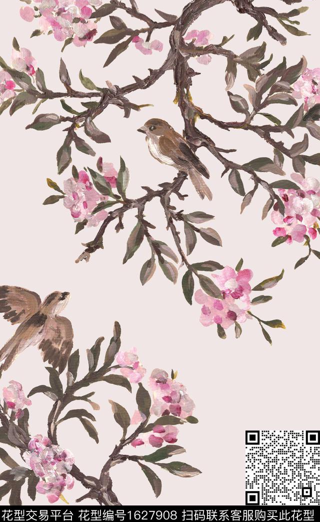 粉色手绘花卉花鸟数码印花华亿平台下载（图片编号: 1627908） - 瓦栏（Walan）
