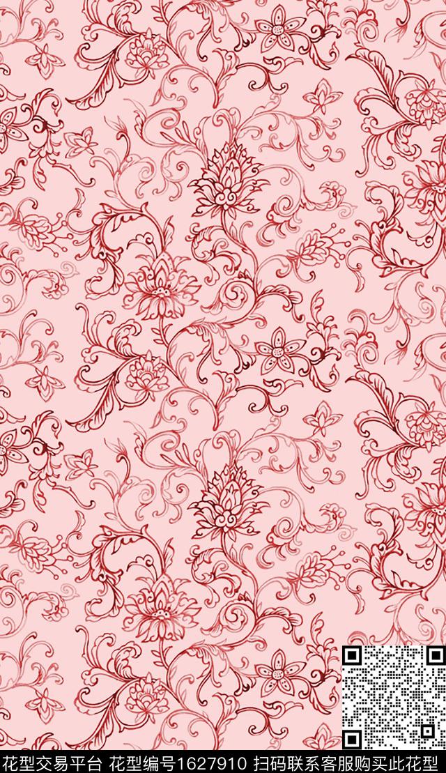 粉色国风素描数码印花华亿平台下载（图片编号: 1627910） - 瓦栏（Walan）