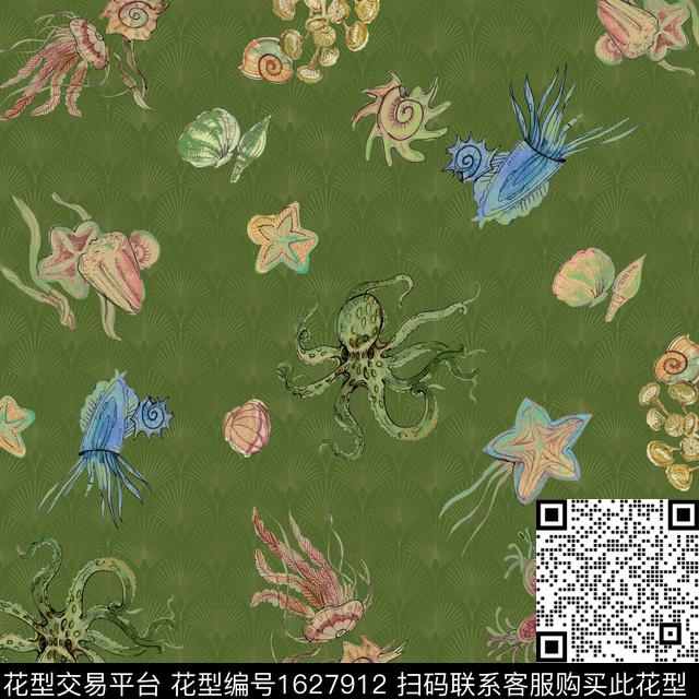 方巾水母海洋数码印花华亿平台下载（图片编号: 1627912） - 瓦栏（Walan）