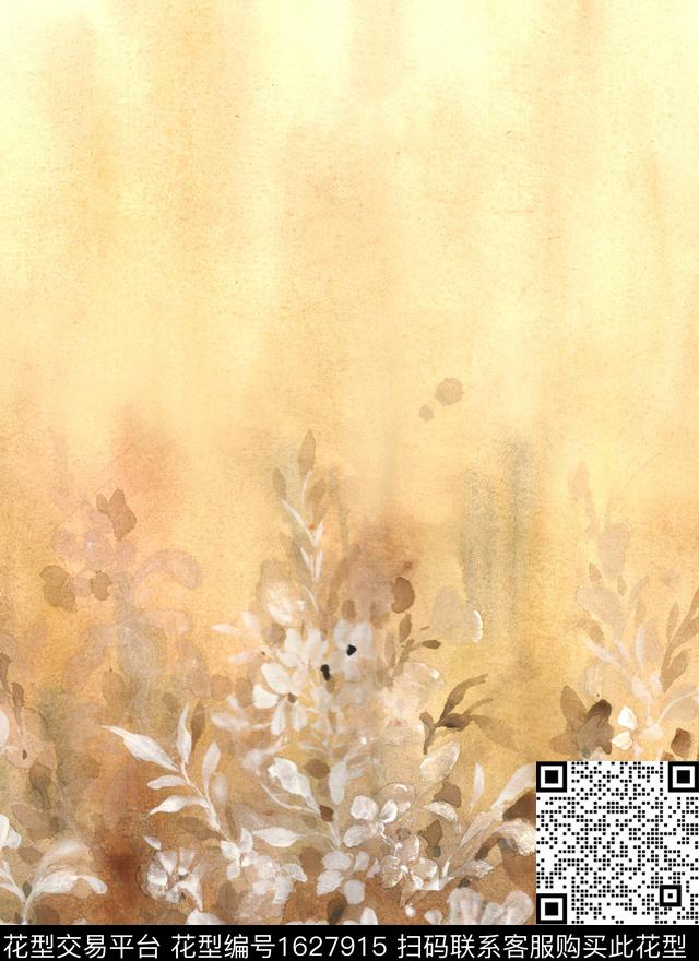 水彩手绘花卉双边定位花数码印花华亿平台下载（图片编号: 1627915） - 瓦栏（Walan）