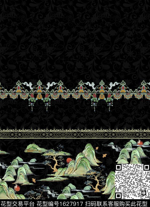 中国风定位花黑底花卉数码印花华亿平台下载（图片编号: 1627917） - 瓦栏（Walan）