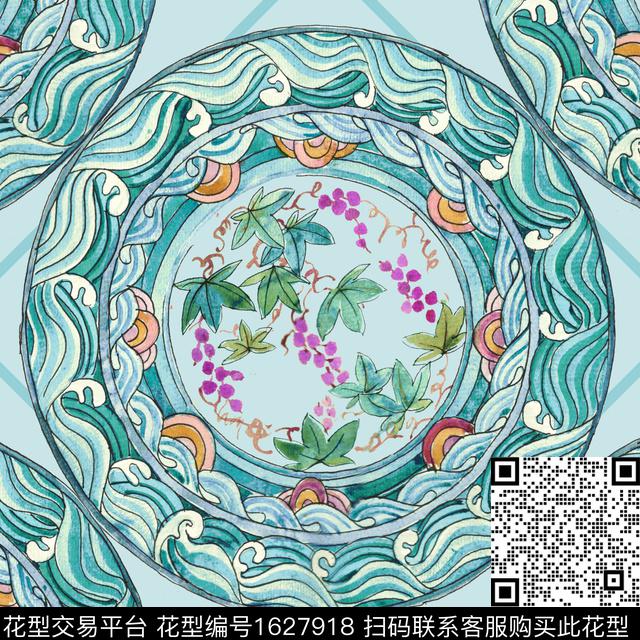 中国风海浪传统纹样数码印花华亿平台下载（图片编号: 1627918） - 瓦栏（Walan）