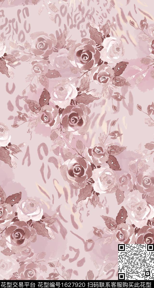 花卉水彩花卉豹纹数码印花华亿平台下载（图片编号: 1627920） - 瓦栏（Walan）