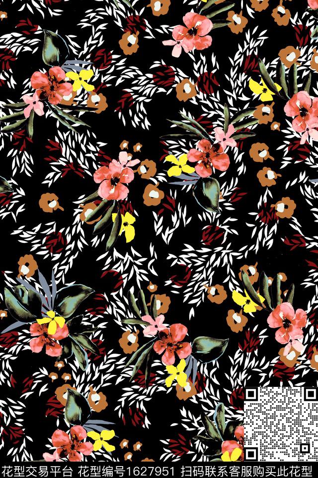 黑底花卉花卉中老年数码印花华亿平台下载（图片编号: 1627951） - 瓦栏（Walan）