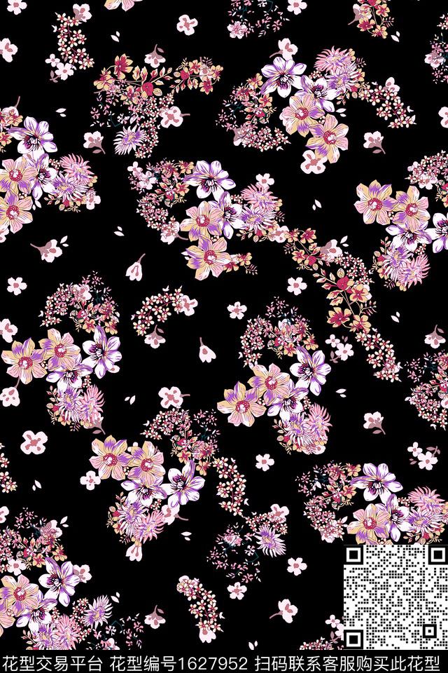 黑底花卉花卉中老年数码印花华亿平台下载（图片编号: 1627952） - 瓦栏（Walan）