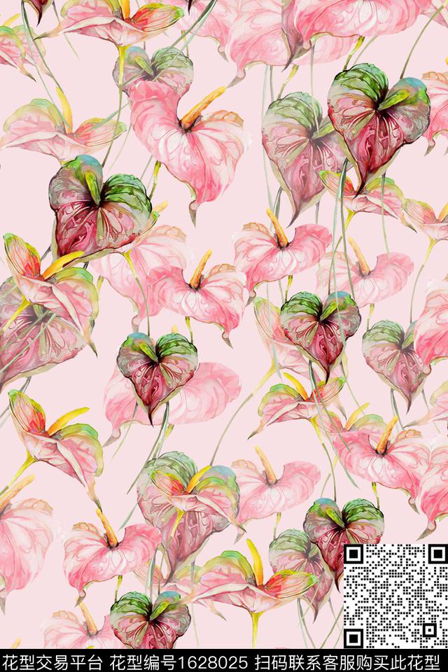 花卉水彩花卉红掌数码印花华亿平台下载（图片编号: 1628025） - 瓦栏（Walan）