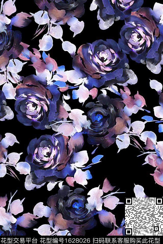 黑底花卉水彩花卉花卉数码印花华亿平台下载（图片编号: 1628026） - 瓦栏（Walan）